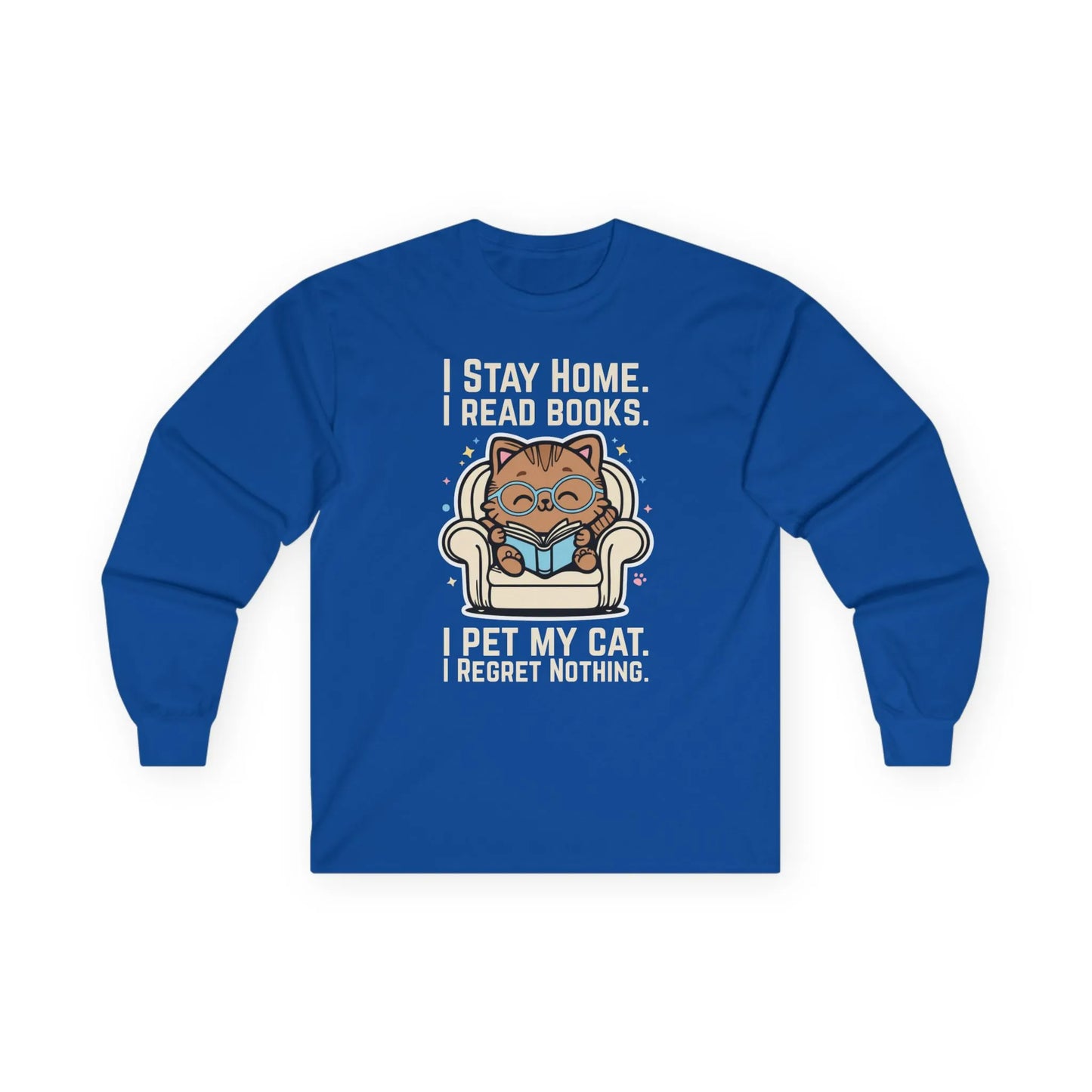 Starry Cat Reader Long Sleeve with a cozy cat illustration, bookish humor text, and a vibrant blue background for book lovers.