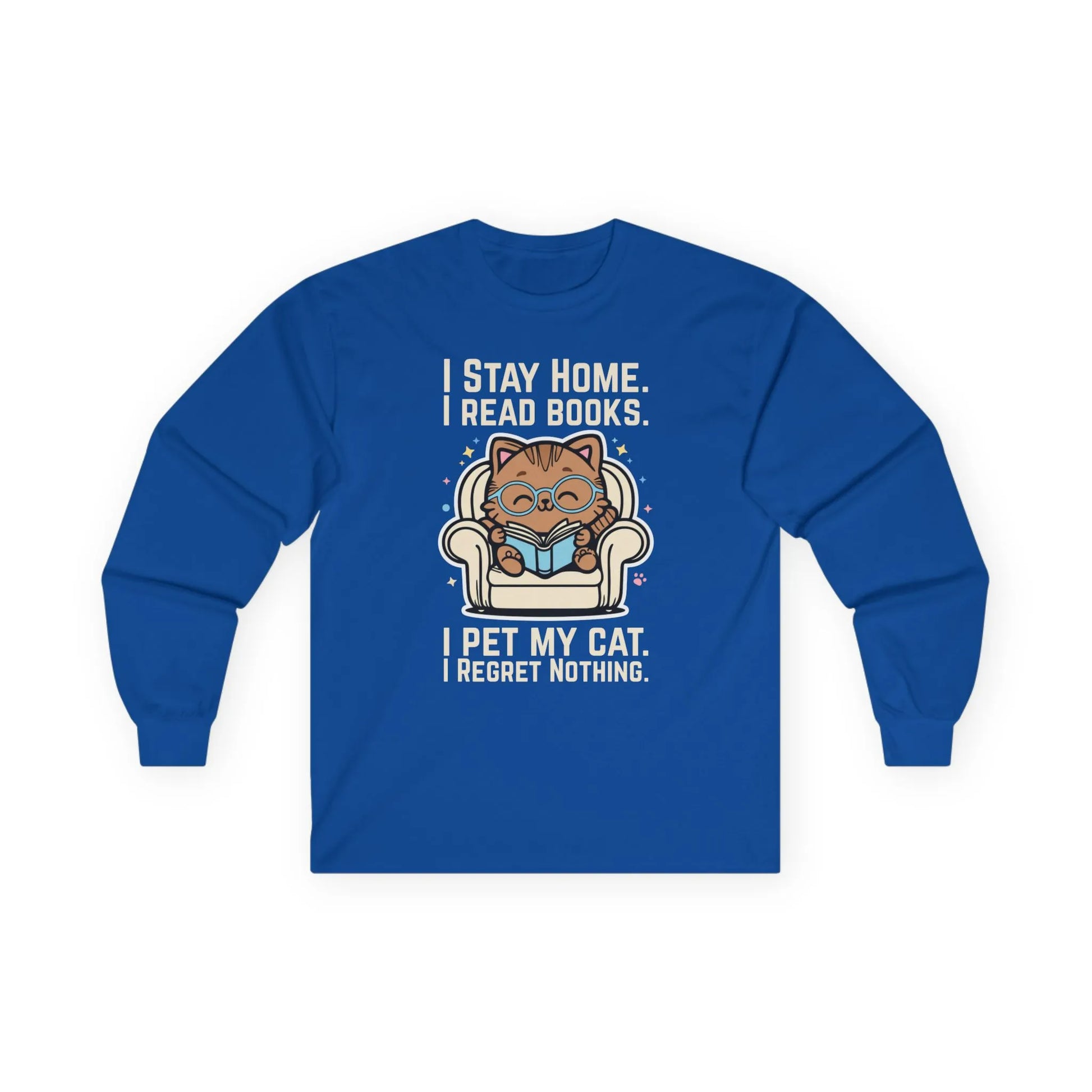 Starry Cat Reader Long Sleeve with a cozy cat illustration, bookish humor text, and a vibrant blue background for book lovers.