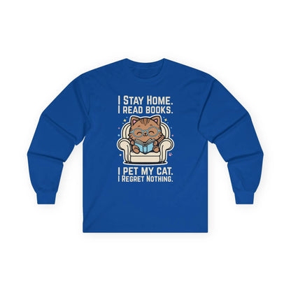 Starry Cat Reader Long Sleeve with a cozy cat illustration, bookish humor text, and a vibrant blue background for book lovers.