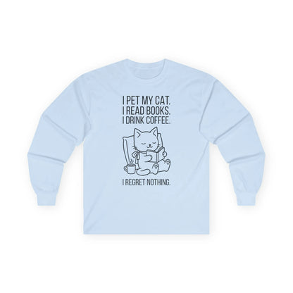 Cat. Books. Coffee. Long Sleeve: Light blue long sleeve shirt featuring a playful cat design with book and coffee texts, perfect for book lovers.