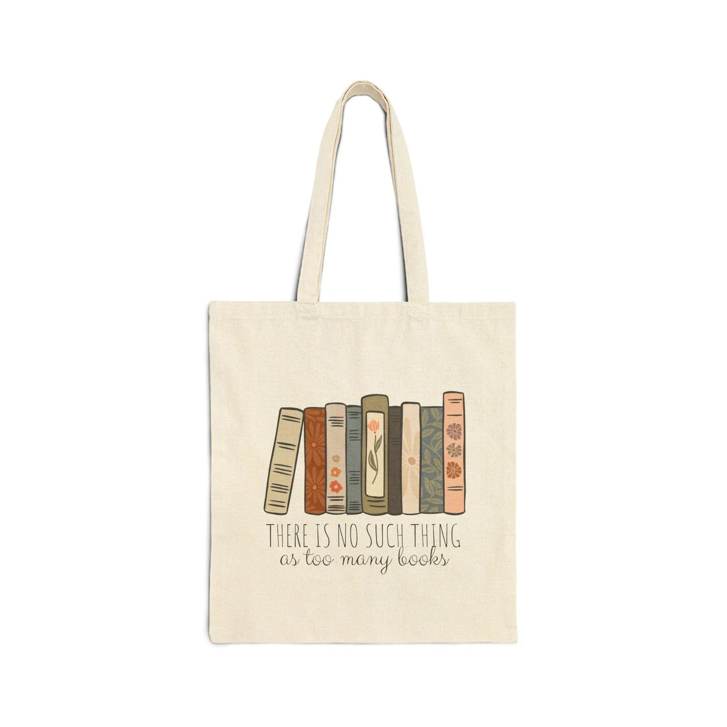 Too Many Books Tote Bag featuring colorful book designs on durable canvas, perfect for book lovers.