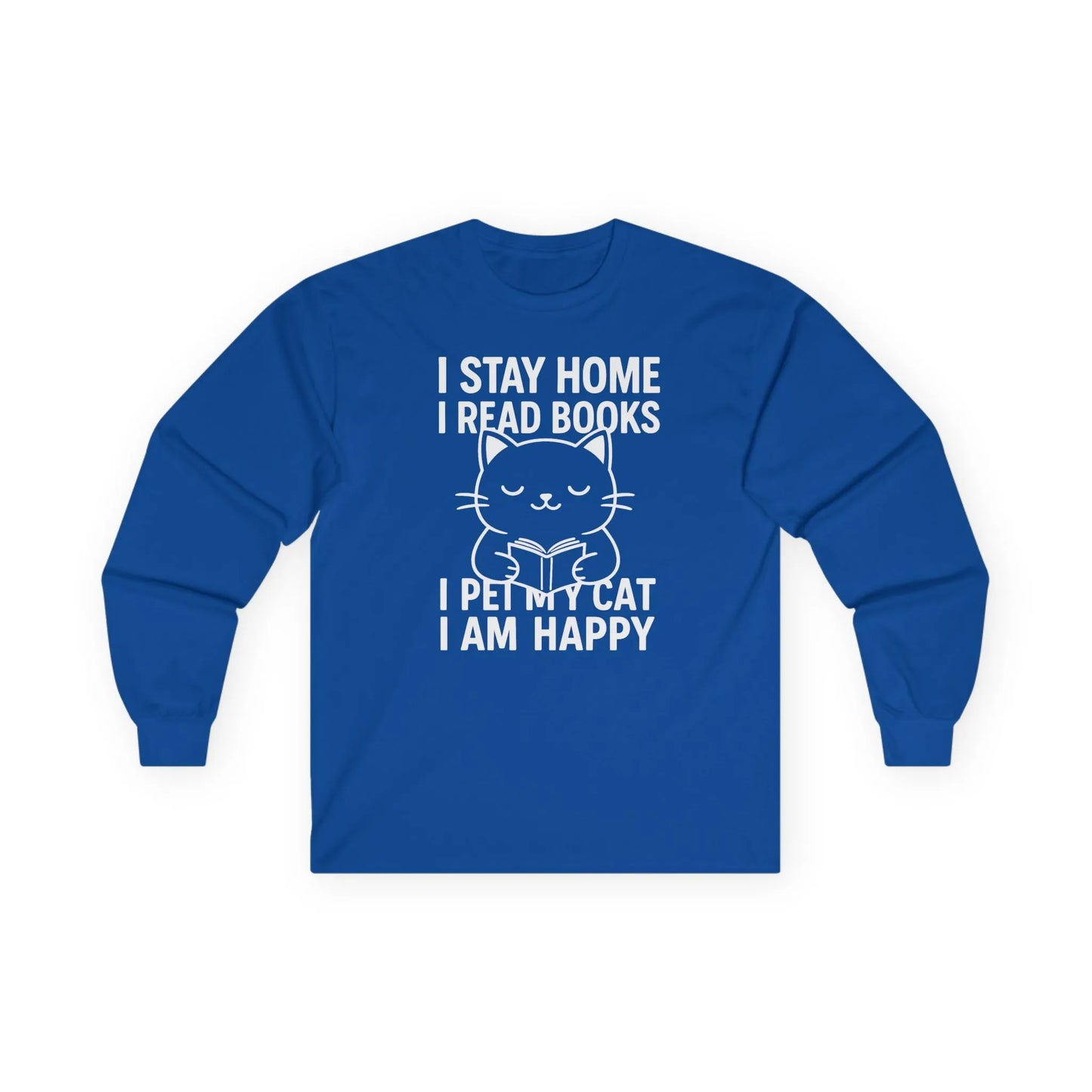 Happy Cat Reader Long Sleeve in blue featuring a cat illustration and reading quote, perfect for book lovers.