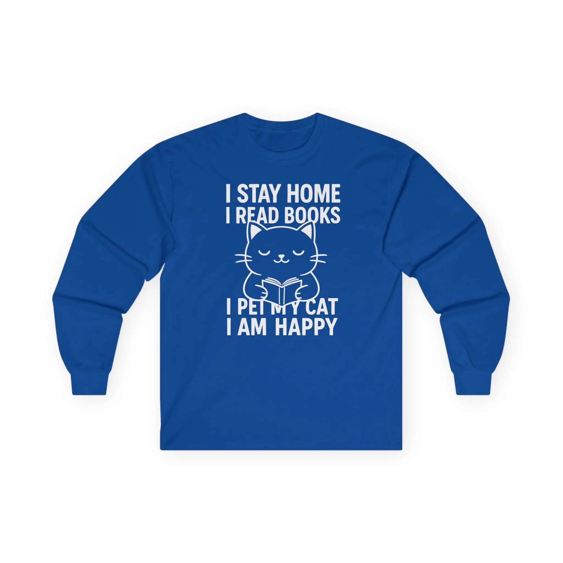 Happy Cat Reader Long Sleeve in blue featuring a cat illustration and reading quote, perfect for book lovers.