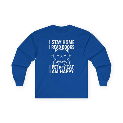 Happy Cat Reader Long Sleeve in blue featuring a cat illustration and reading quote, perfect for book lovers.