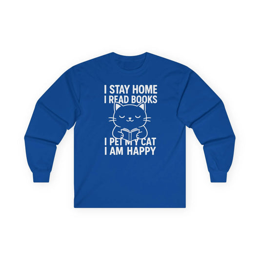 Happy Cat Reader Long Sleeve in blue featuring a cat illustration and reading quote, perfect for book lovers.
