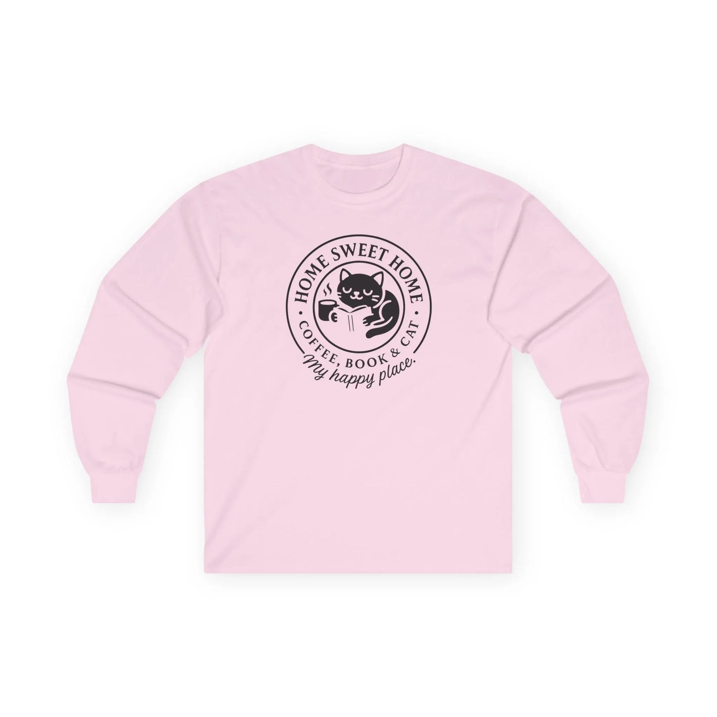 Cozy Cat Haven Long Sleeve shirt with a cat, book, and coffee design, perfect gift for readers who love bookish humor.