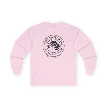 Cozy Cat Haven Long Sleeve shirt with a cat, book, and coffee design, perfect gift for readers who love bookish humor.
