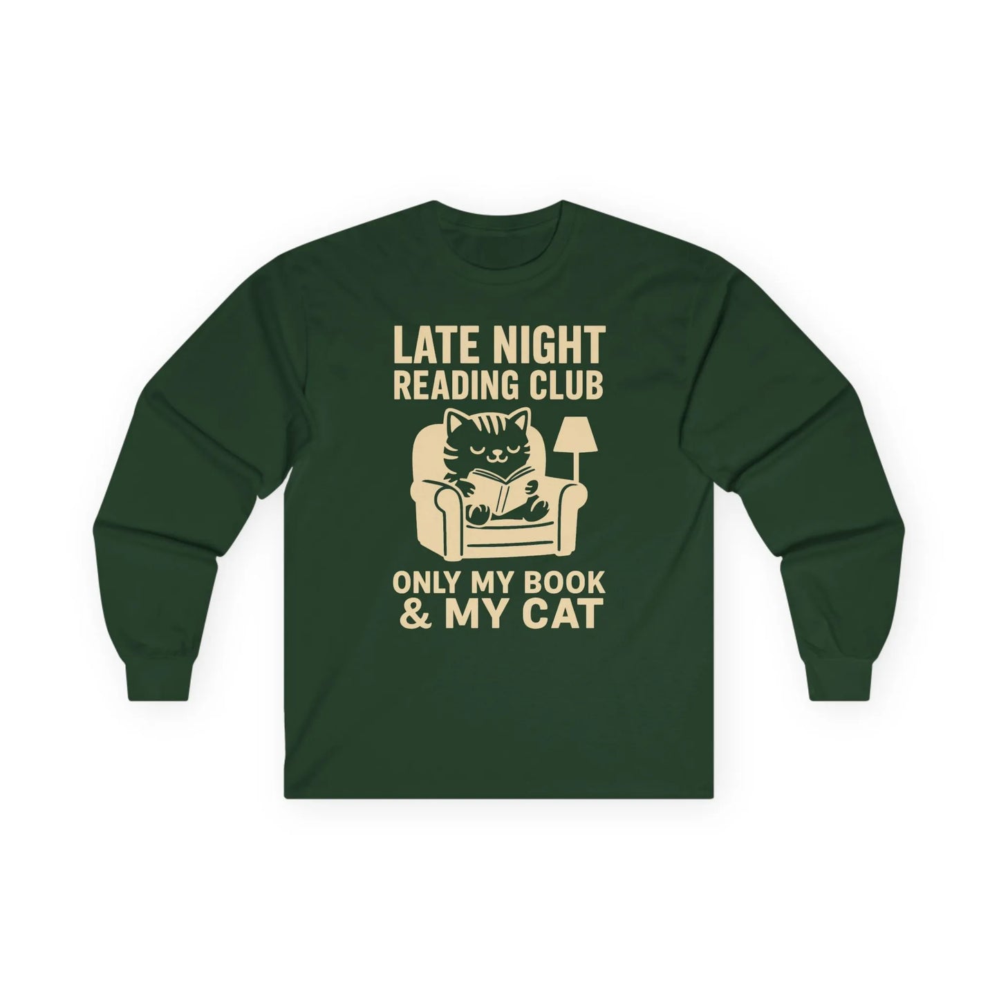 Cozy long sleeve tee featuring a cat lounging in a chair with text: 'Late Night Reading Club - Only My Book & My Cat'. Perfect gift for book lovers!