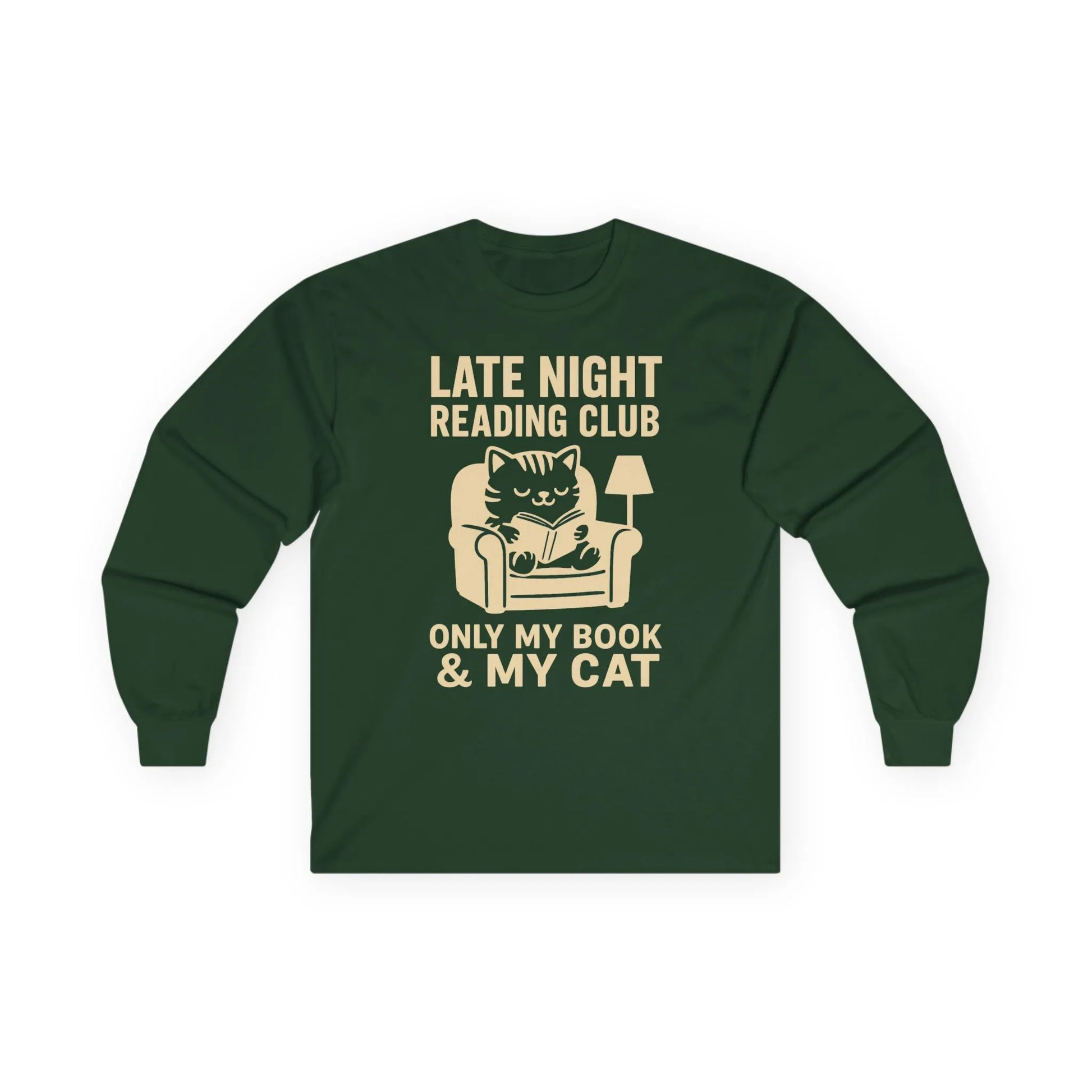 Cozy long sleeve tee featuring a cat lounging in a chair with text: 'Late Night Reading Club - Only My Book & My Cat'. Perfect gift for book lovers!