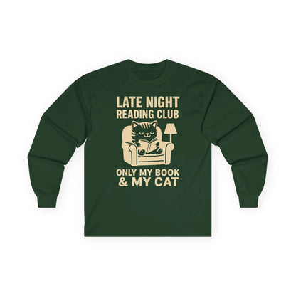 Cozy long sleeve tee featuring a cat lounging in a chair with text: 'Late Night Reading Club - Only My Book & My Cat'. Perfect gift for book lovers!