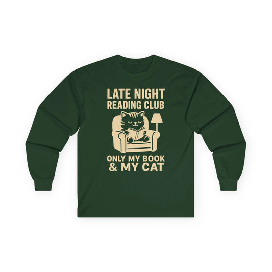 Cozy long sleeve tee featuring a cat lounging in a chair with text: 'Late Night Reading Club - Only My Book & My Cat'. Perfect gift for book lovers!