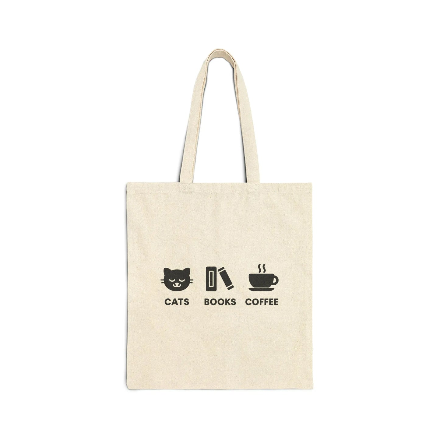 Holy Trinity Tote Bag featuring cute icons of cats, books, and coffee; perfect for cozy book lovers and gift giving.