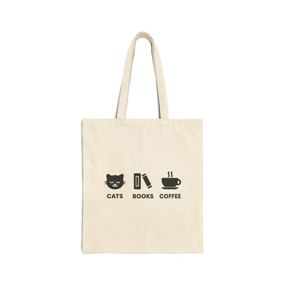 Holy Trinity Tote Bag featuring cute icons of cats, books, and coffee; perfect for cozy book lovers and gift giving.