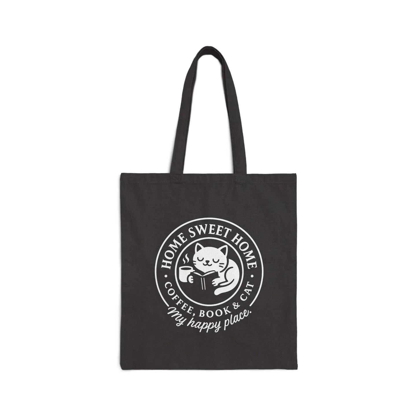 Cozy Cat Haven Tote Bag featuring a cute cat with a book and coffee. Perfect gift for cat-loving bookworms!