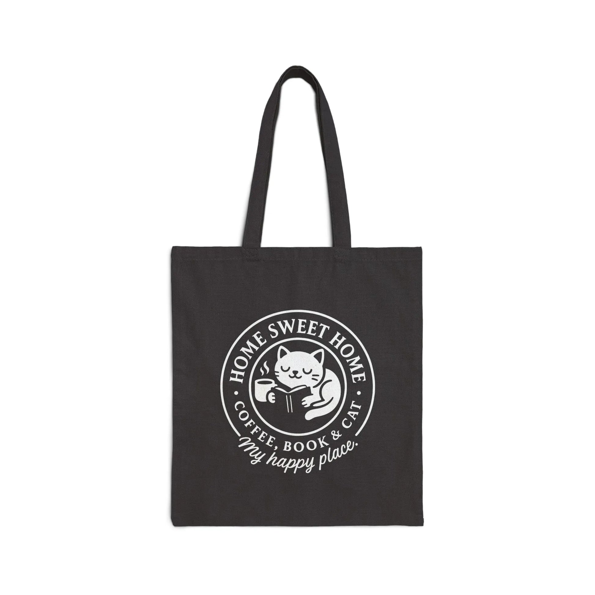 Cozy Cat Haven Tote Bag featuring a cute cat with a book and coffee. Perfect gift for cat-loving bookworms!