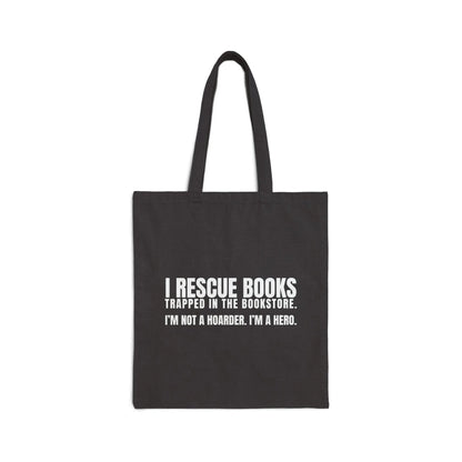I Rescue Books Tote Bag with humorous text, perfect for book lovers, cat, coffee, or tea enthusiasts.