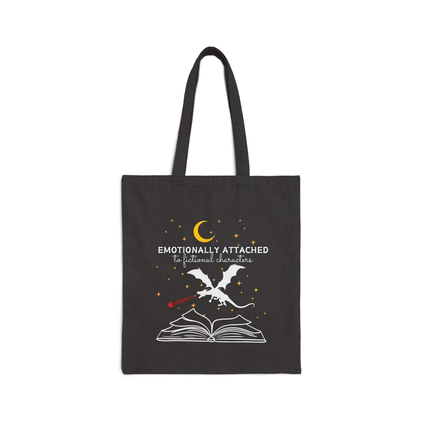 Fictional Characters Tote Bag featuring a dragon and book design, perfect for book lovers and readers.