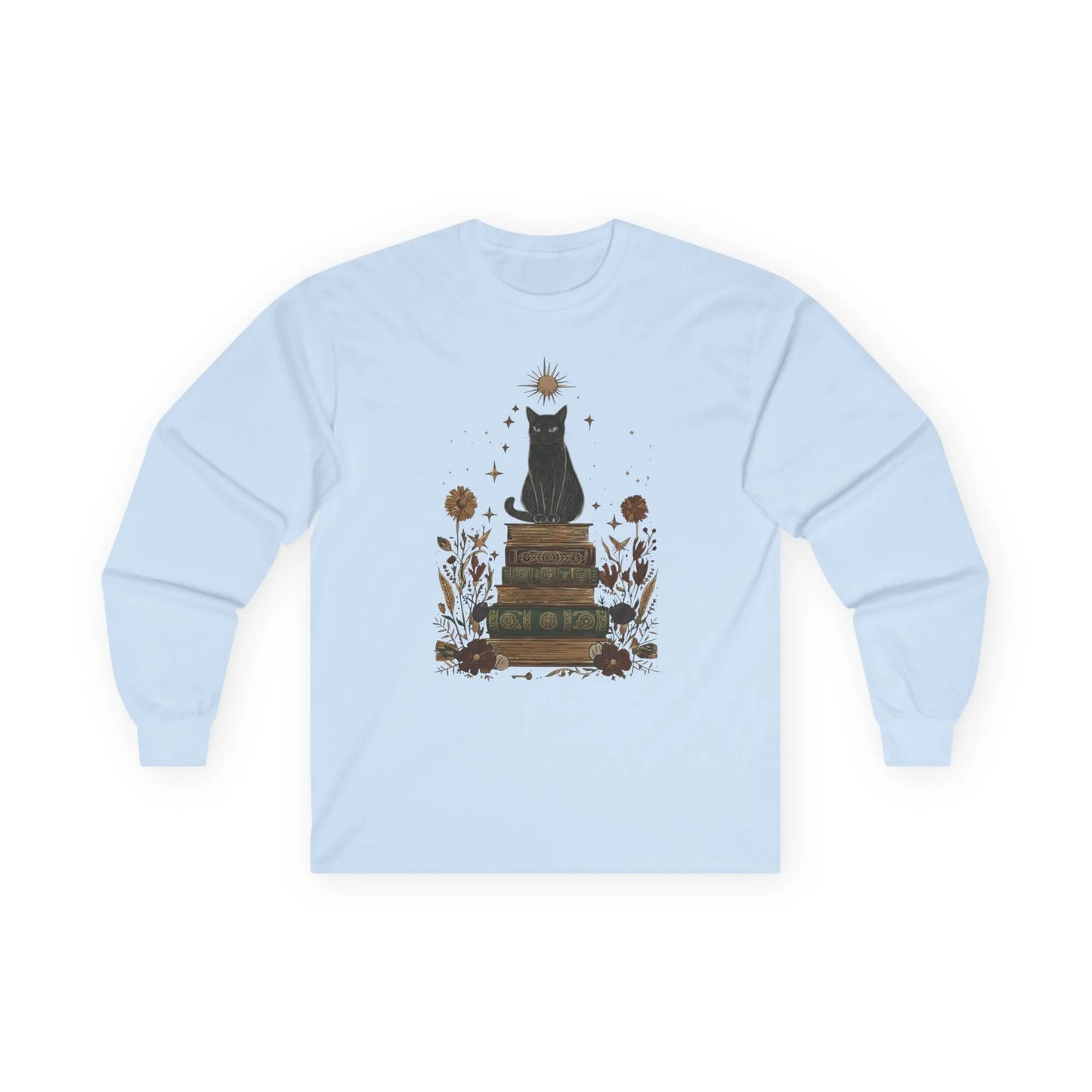 Mystic Cat & Books Long Sleeve features a celestial black cat atop vintage books with star and floral accents, perfect for book lovers.