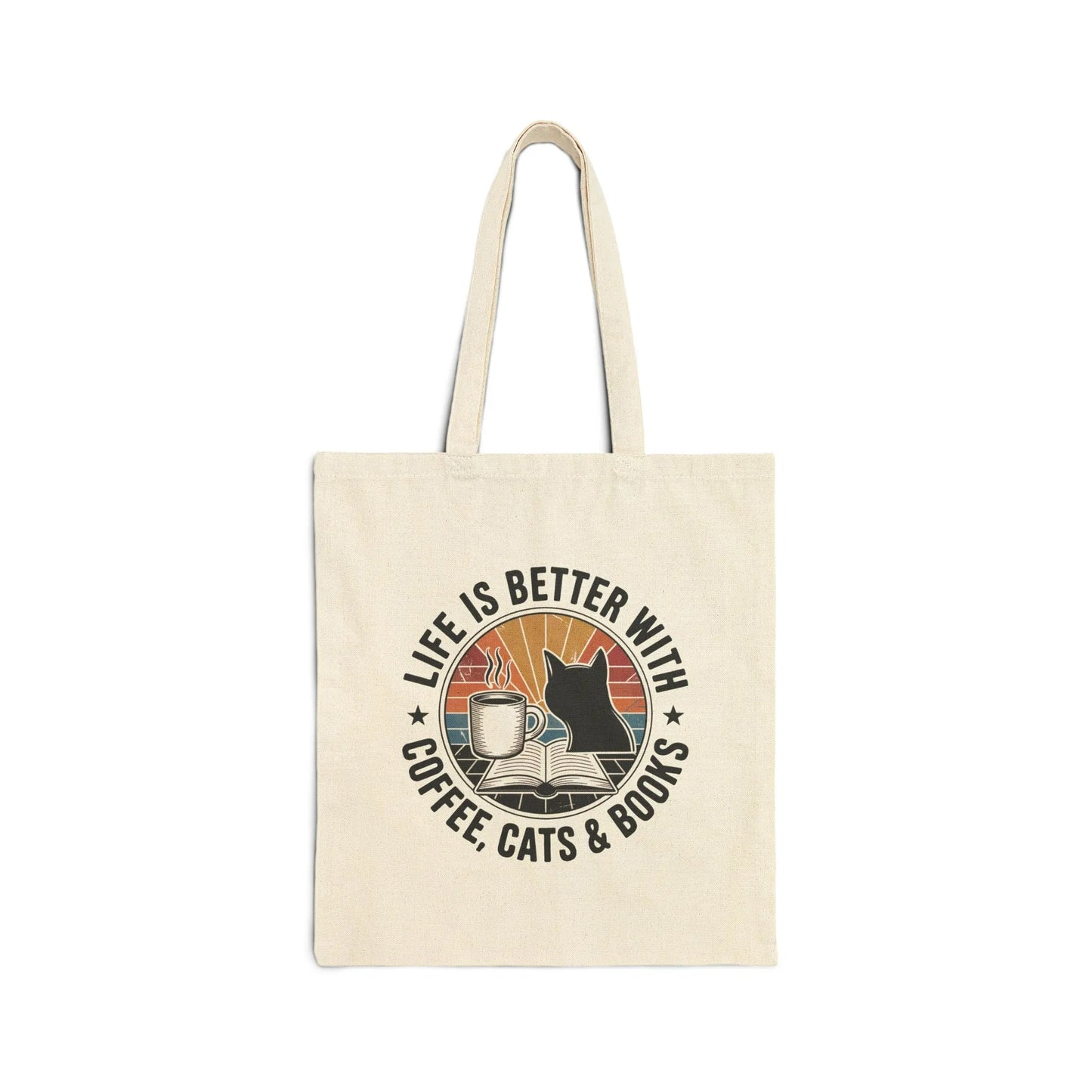 Sunset Reads & Whiskers Tote Bag featuring a cozy design with a cat, coffee, and books, perfect for book lovers.