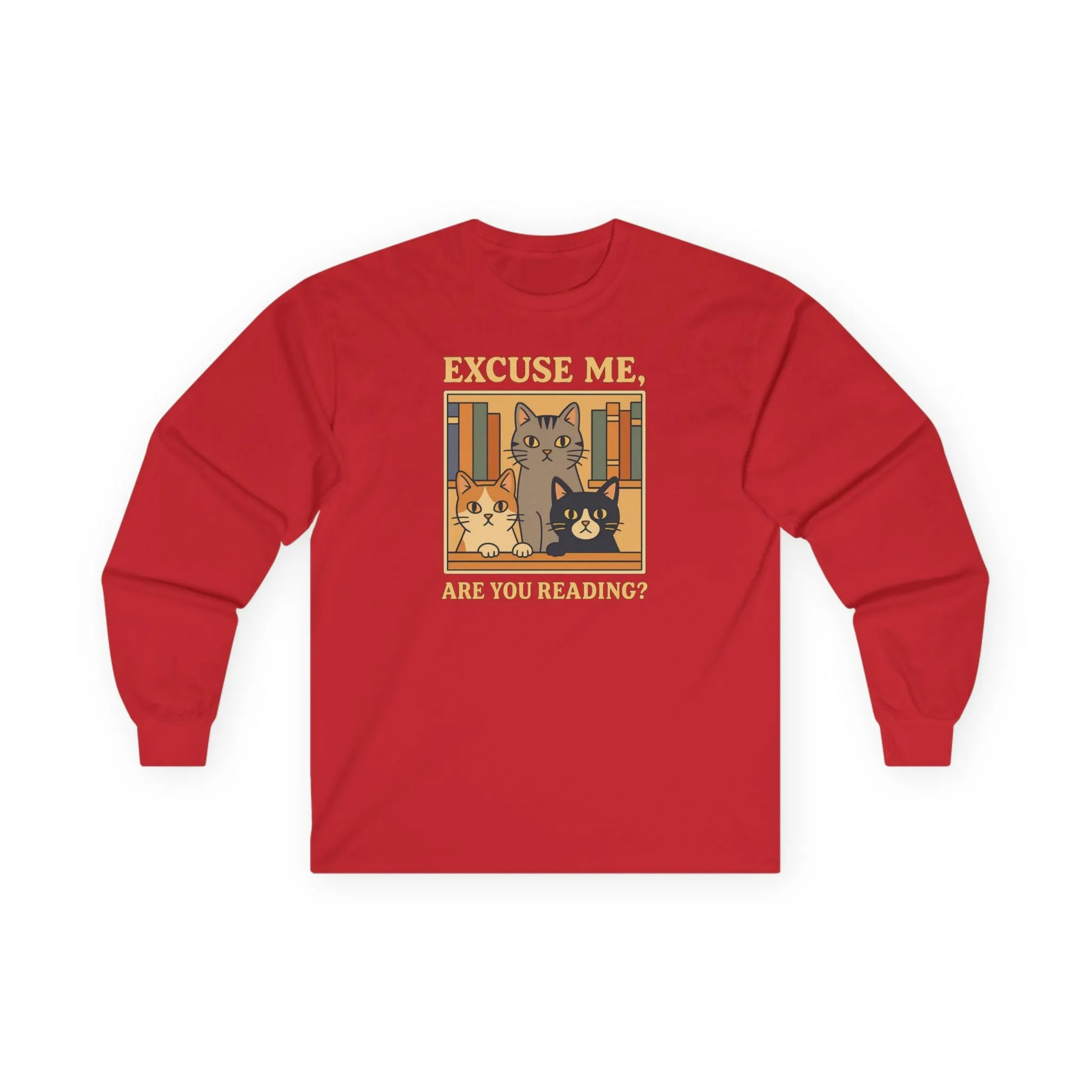 Are You Reading? Long Sleeve Shirt featuring cute library cats asking, "Excuse me, are you reading?"