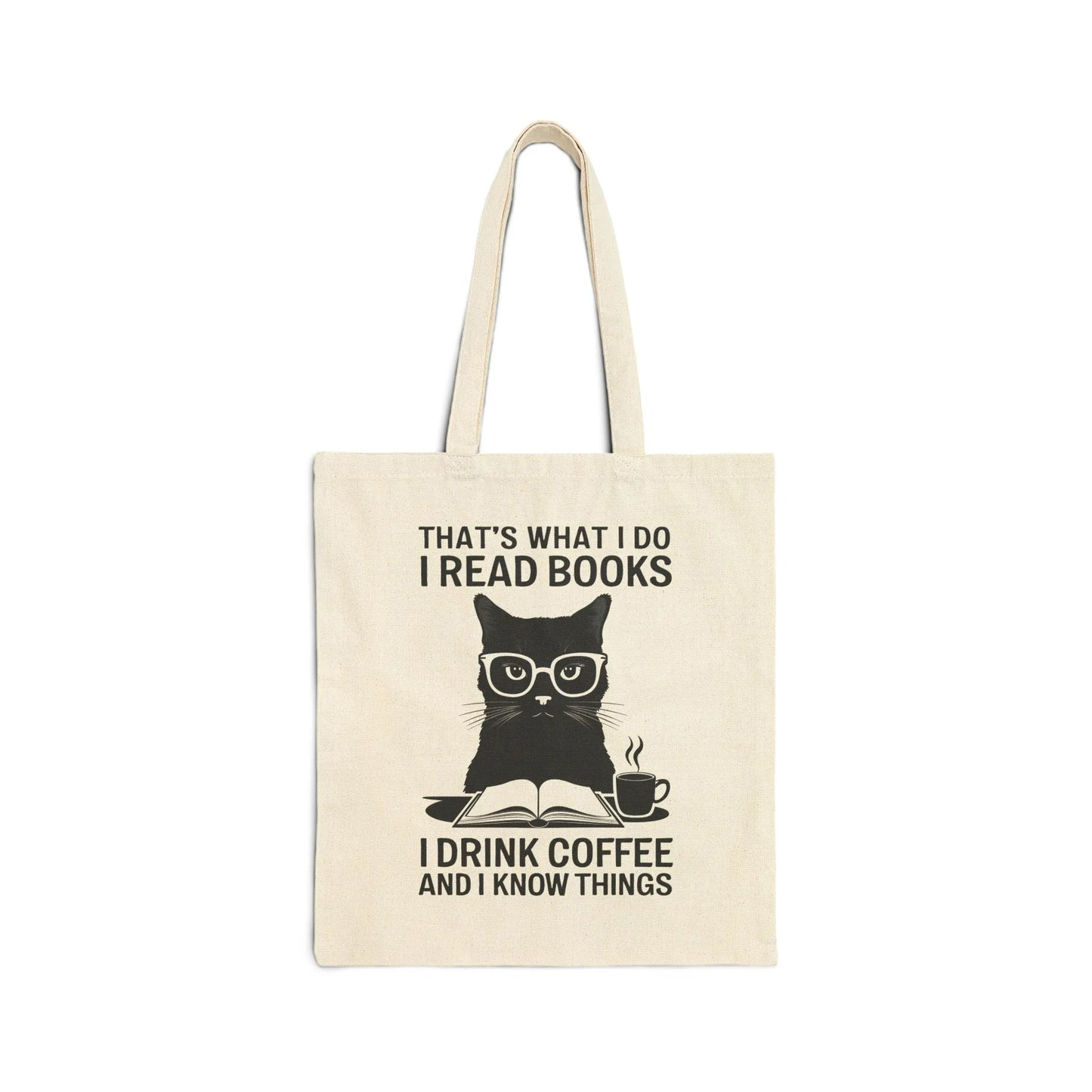 Coffee & Cat Wisdom Tote Bag featuring a witty cat illustration with glasses, reading a book and holding coffee, perfect for book lovers.