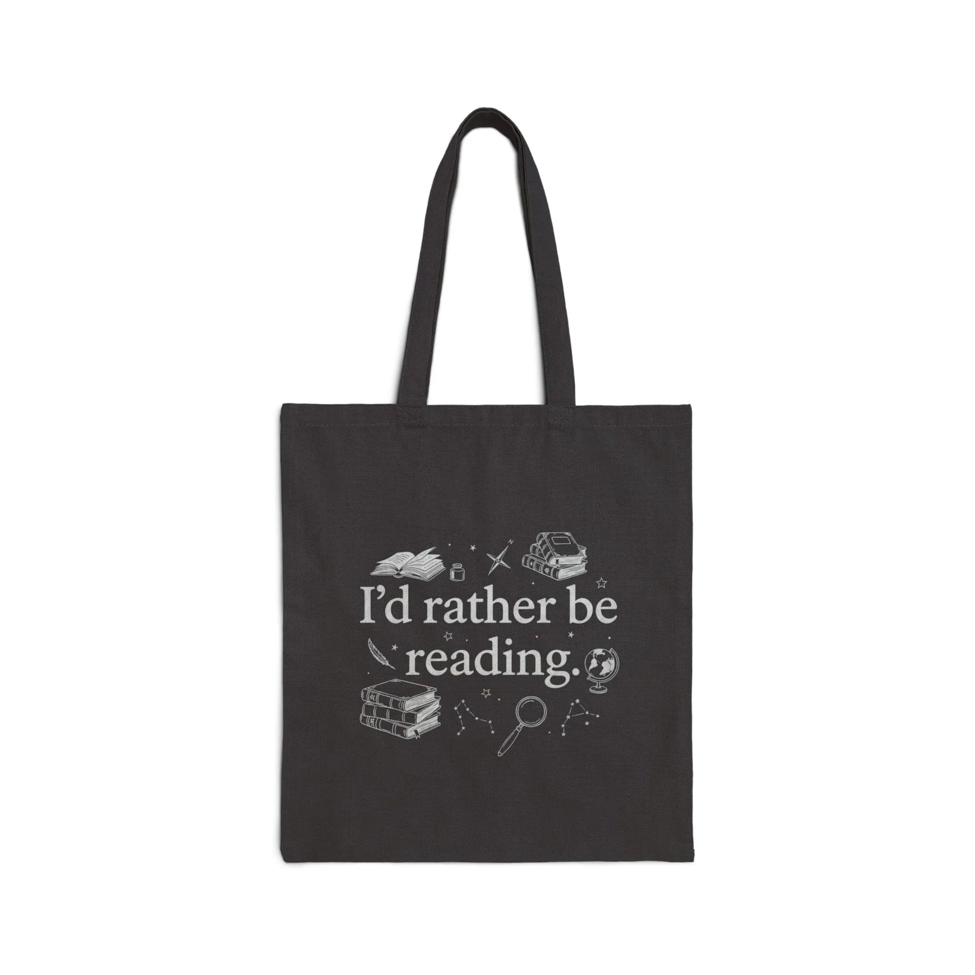 Rather Be Reading 2 Tote Bag in black featuring playful illustrations and text perfect for book lovers.