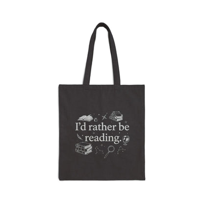Rather Be Reading 2 Tote Bag in black featuring playful illustrations and text perfect for book lovers.