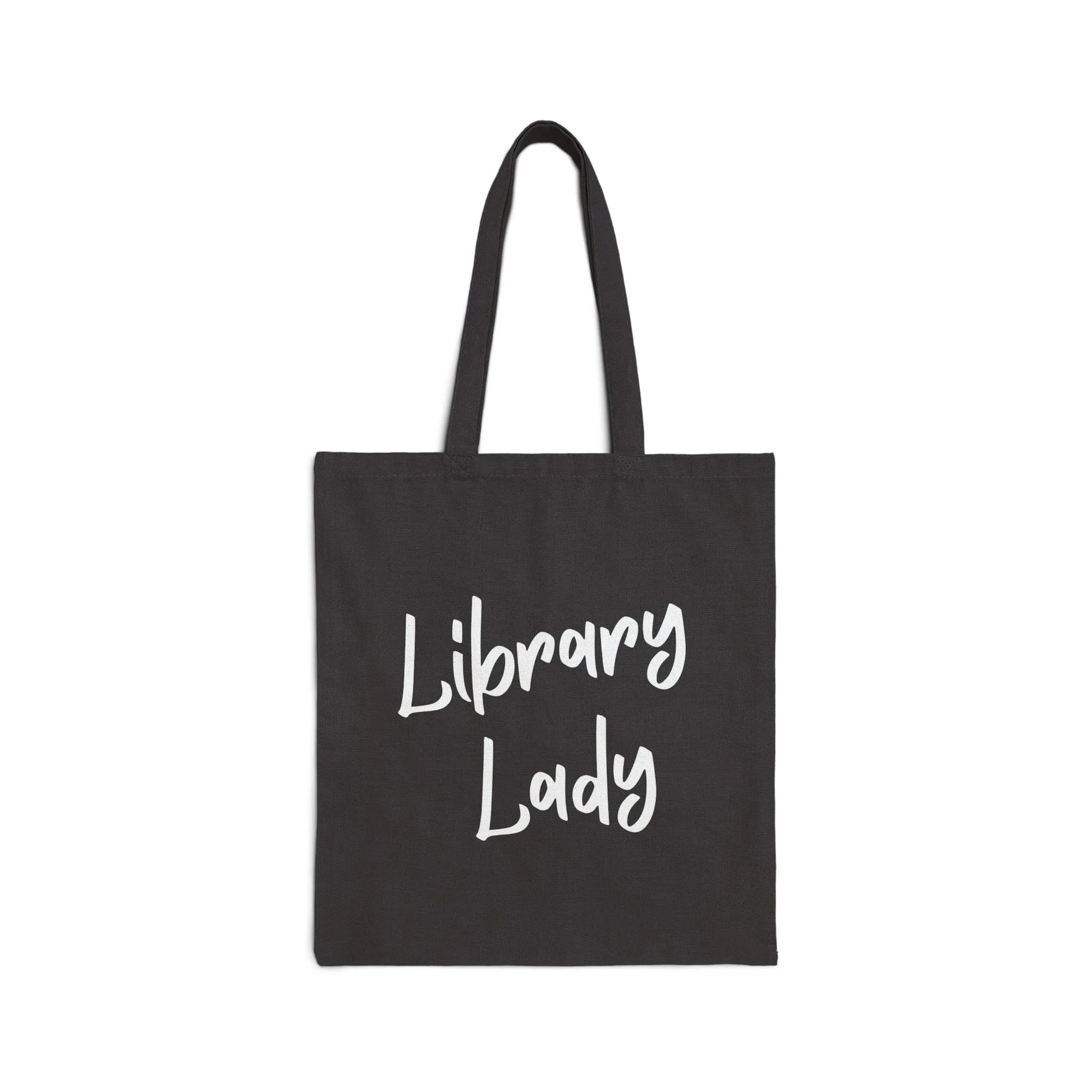 Library Lady Tote Bag featuring clean, handwritten-style typography, perfect for book lovers and a thoughtful gift for readers.