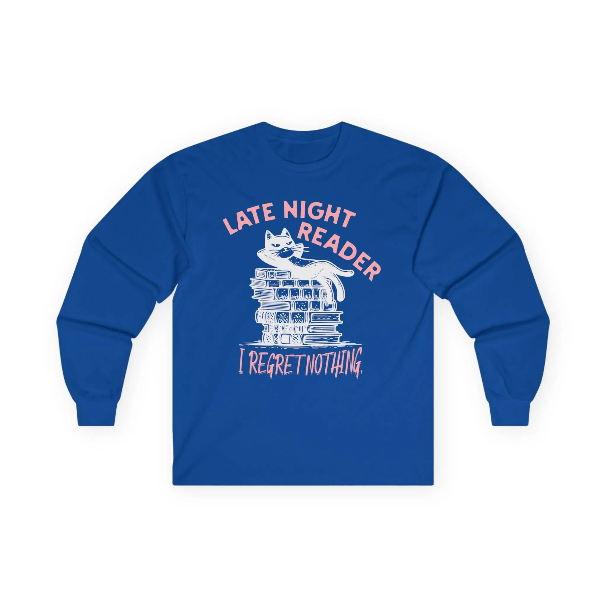 Cozy Late Night Reader Long Sleeve shirt with a relaxed cat on books and text 'I Regret Nothing'—a perfect gift for book lovers!