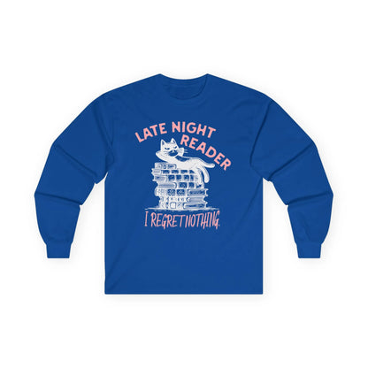 Cozy Late Night Reader Long Sleeve shirt with a relaxed cat on books and text 'I Regret Nothing'—a perfect gift for book lovers!