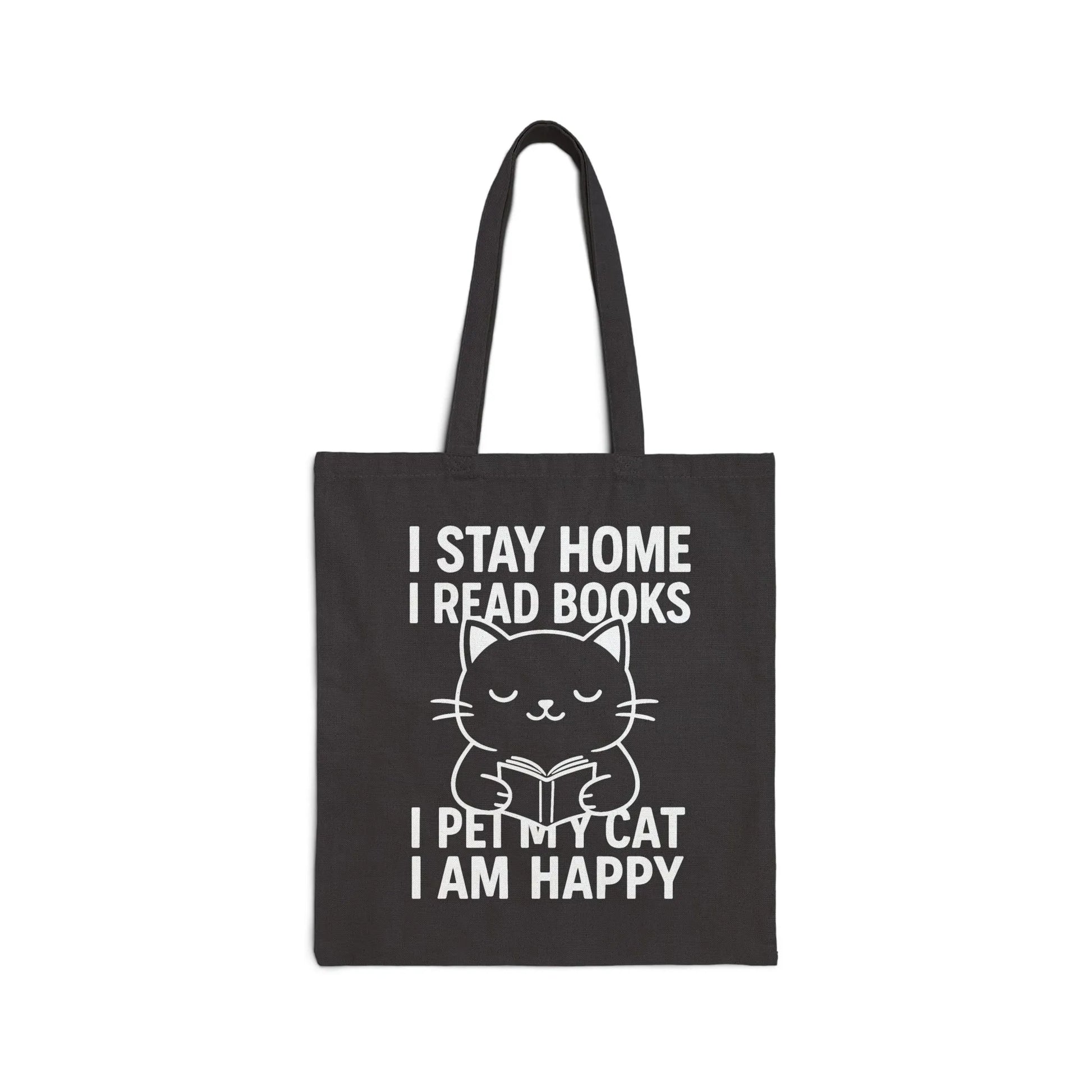 Happy Cat Reader Tote Bag features a charming cat with text: 'I stay home, I read books, I pet my cat, I am happy.' Perfect for cozy book lovers!