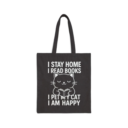 Happy Cat Reader Tote Bag features a charming cat with text: 'I stay home, I read books, I pet my cat, I am happy.' Perfect for cozy book lovers!