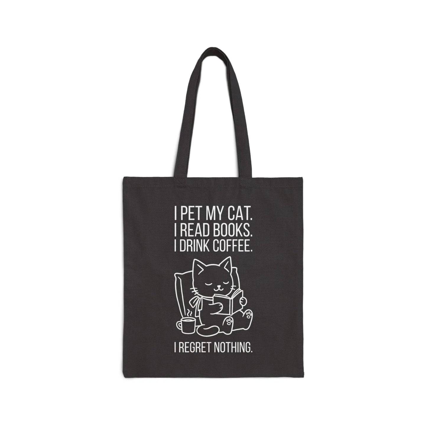 Cat. Books. Coffee. tote bag featuring a cozy cat illustration and witty text about enjoying books and coffee.