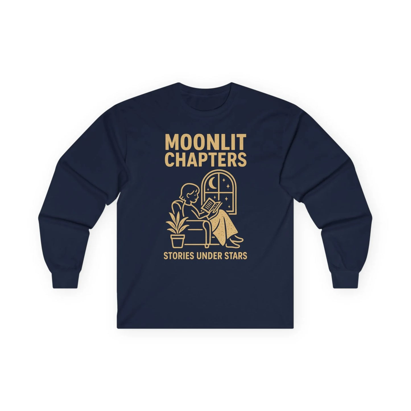 Moonlit Chapters Long Sleeve featuring a reader by the window with text 'Stories Under Stars', perfect gift for book lovers.