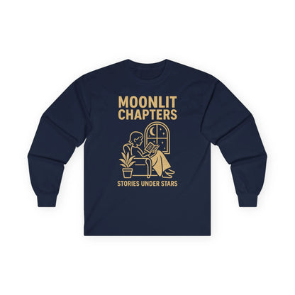 Moonlit Chapters Long Sleeve featuring a reader by the window with text 'Stories Under Stars', perfect gift for book lovers.