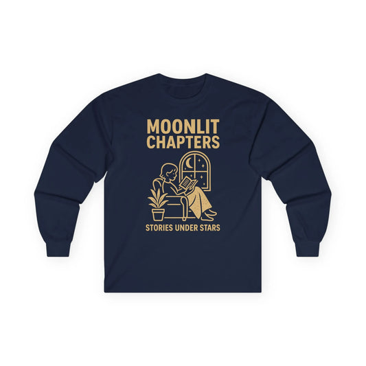 Moonlit Chapters Long Sleeve featuring a reader by the window with text 'Stories Under Stars', perfect gift for book lovers.
