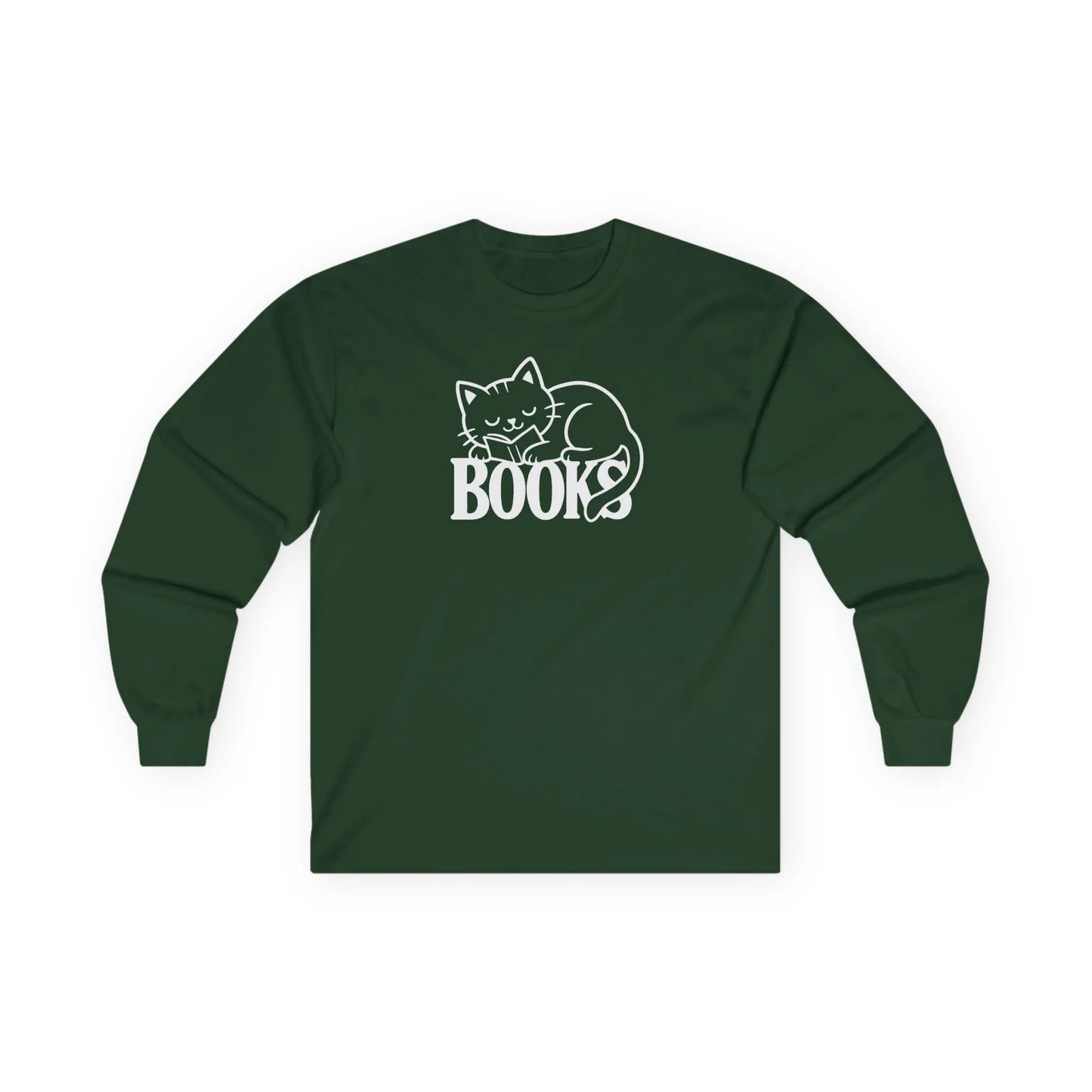 Catnap & Books Long Sleeve shirt featuring a sleeping cat design above the word "BOOKS" in white on a green background.