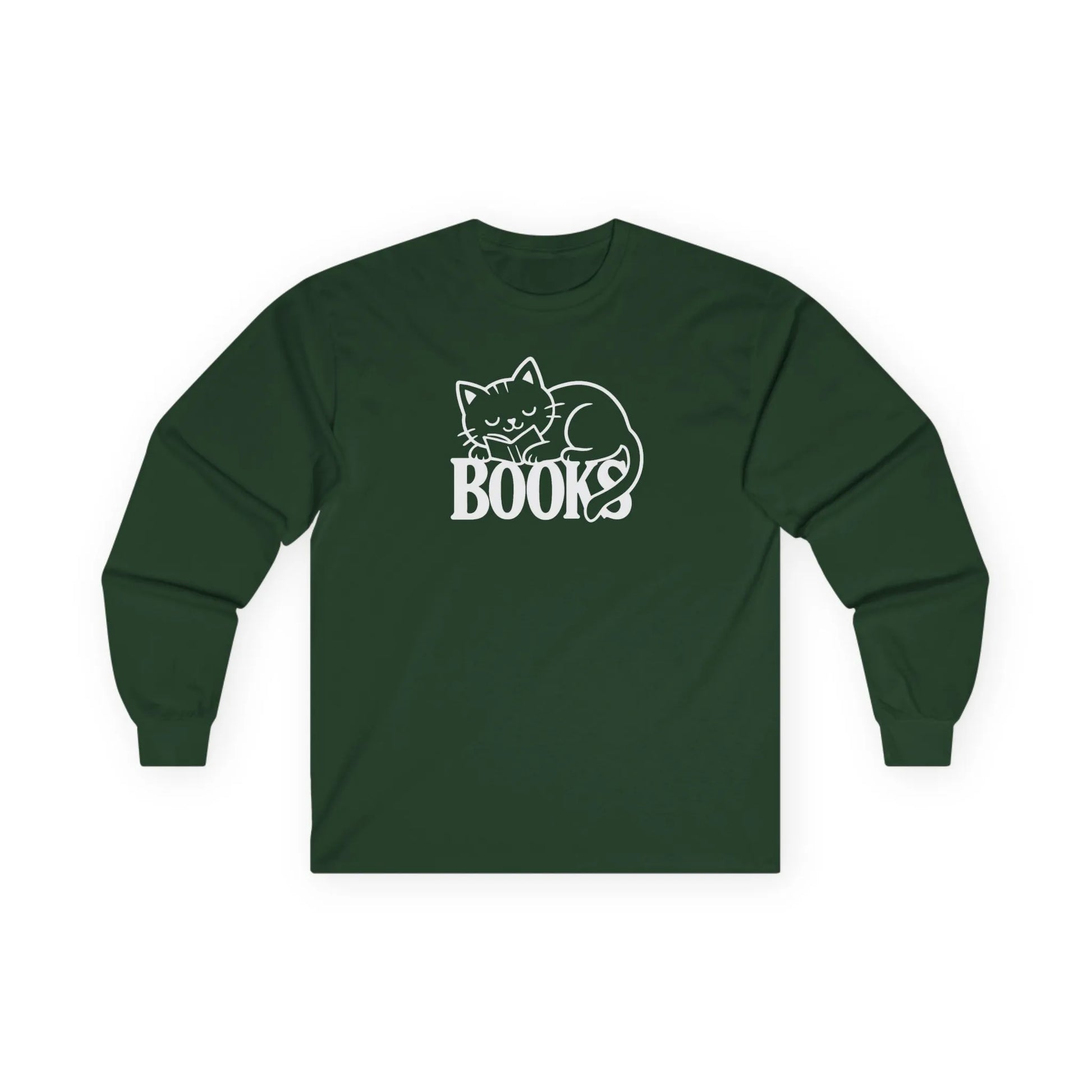 Catnap & Books Long Sleeve shirt featuring a sleeping cat design above the word "BOOKS" in white on a green background.