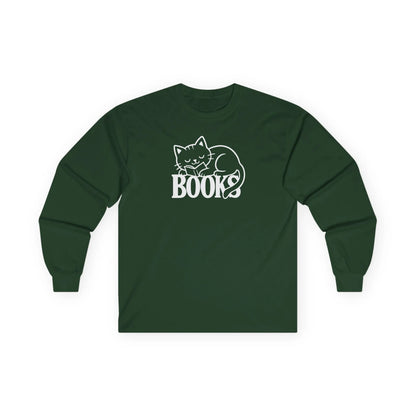 Catnap & Books Long Sleeve shirt featuring a sleeping cat design above the word "BOOKS" in white on a green background.