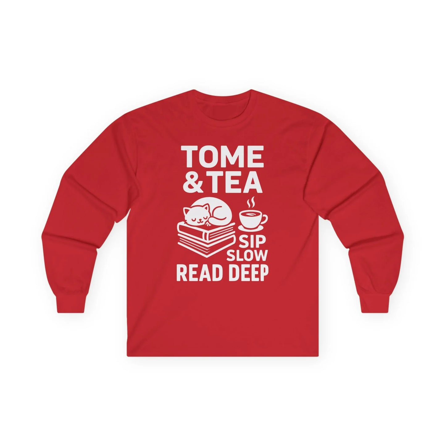 Tome & Tea long sleeve shirt featuring a cat on books, with text 'Sip Slow. Read Deep.' A cozy gift for book lovers.