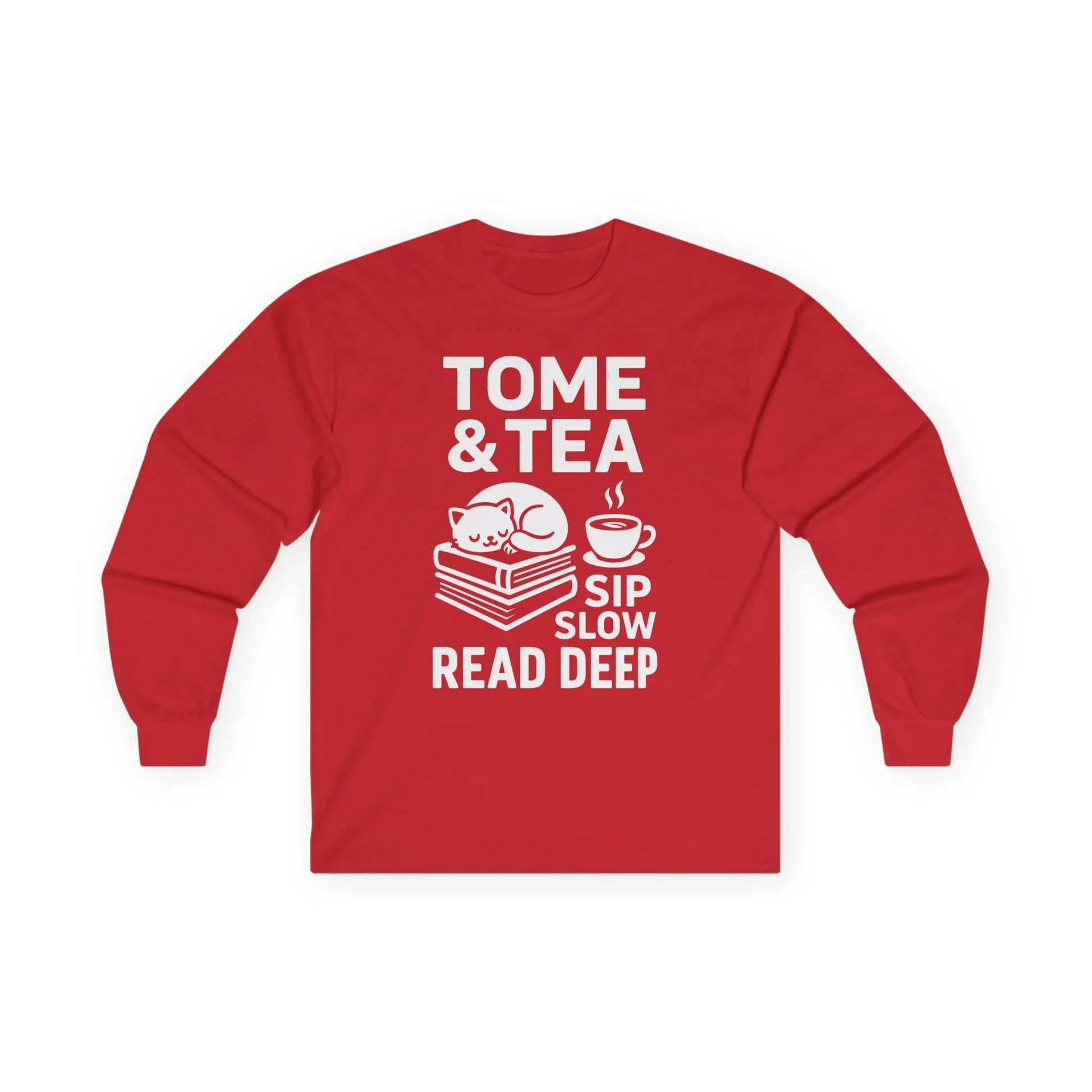 Tome & Tea long sleeve shirt featuring a cat on books, with text 'Sip Slow. Read Deep.' A cozy gift for book lovers.