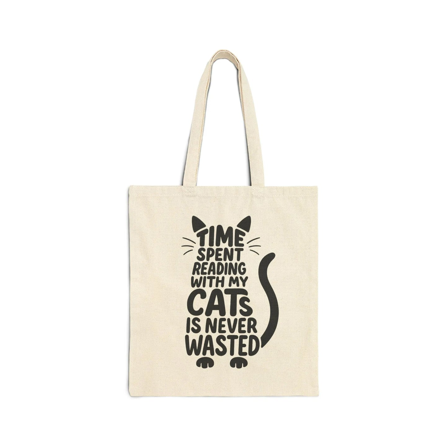 Natural canvas tote bag with playful cat typography stating "TIME SPENT READING WITH MY CATS IS NEVER WASTED." Perfect for book lovers.