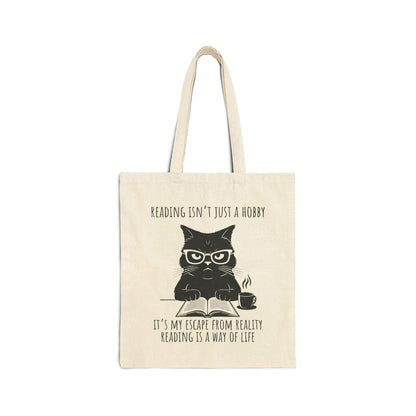 Reading Way of Life Tote Bag featuring a witty cat design, perfect canvas tote for readers and book lovers.