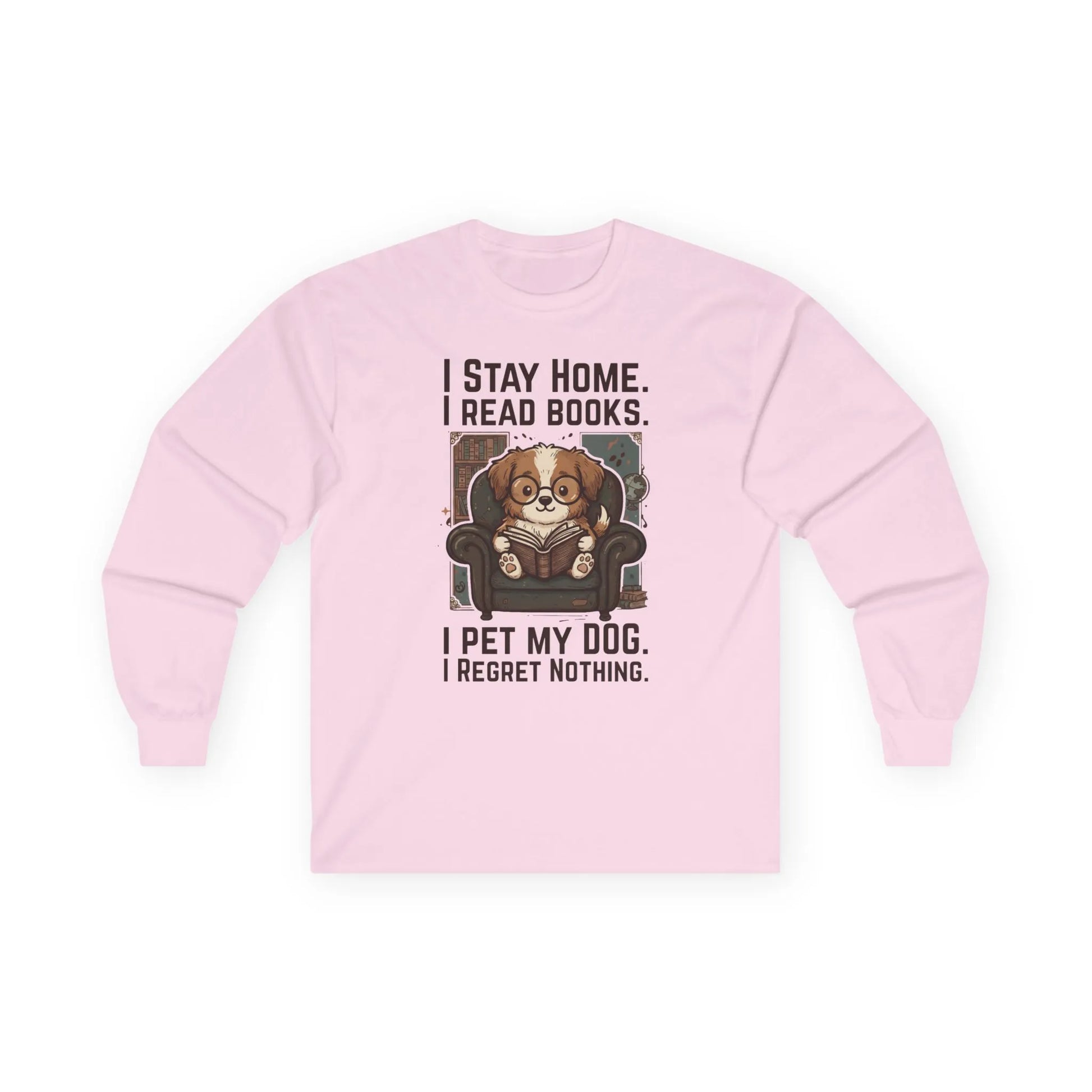 Library Dog Reader Long Sleeve in pink with a cute dog reading and funny text for dog lovers and book enthusiasts.