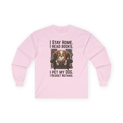 Library Dog Reader Long Sleeve in pink with a cute dog reading and funny text for dog lovers and book enthusiasts.