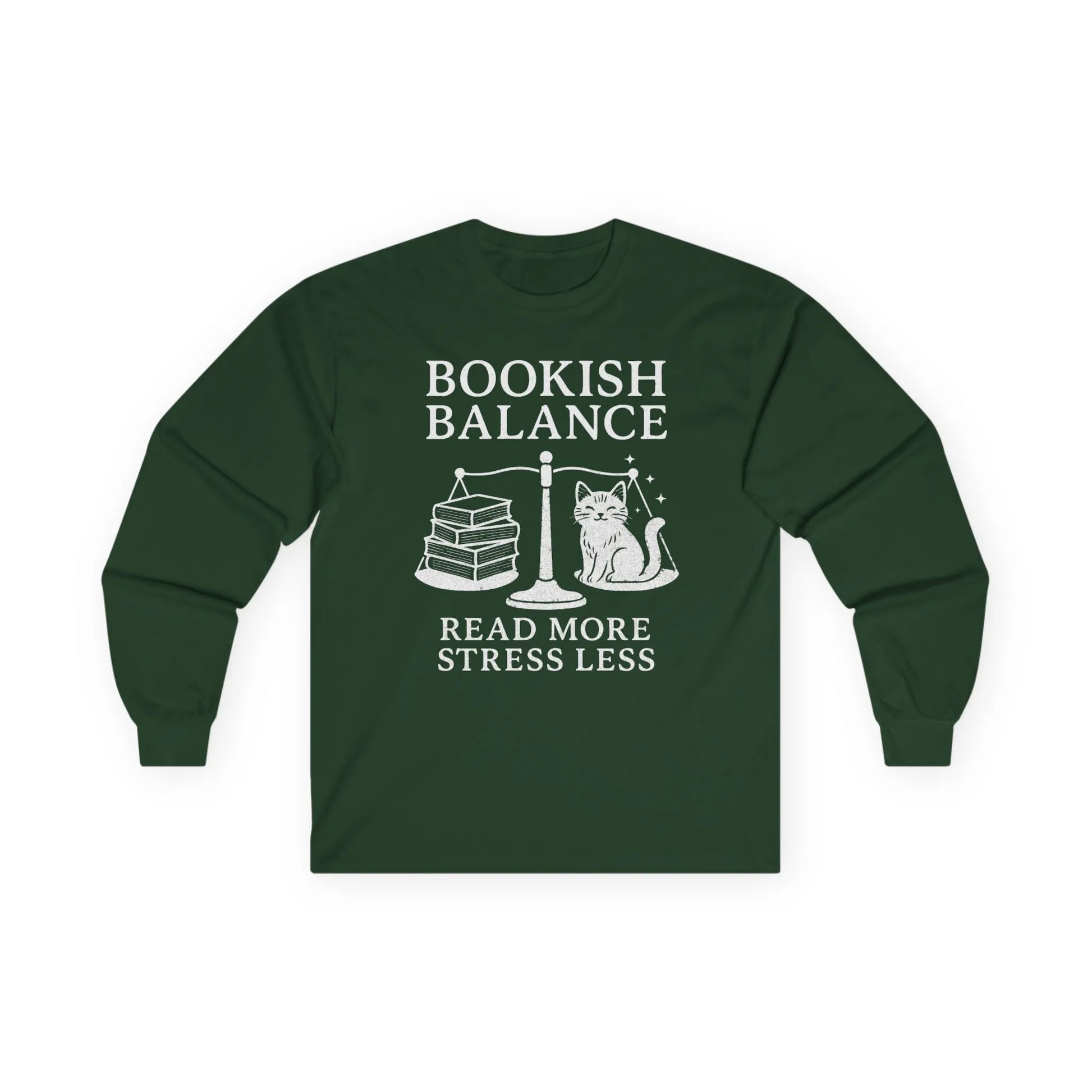 Bookish Balance Long Sleeve featuring a cute cat, books on a scale, and the text 'Read More Stress Less' for book lovers.