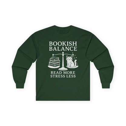 Bookish Balance Long Sleeve featuring a cute cat, books on a scale, and the text 'Read More Stress Less' for book lovers.
