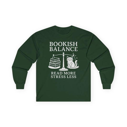 Bookish Balance Long Sleeve featuring a cute cat, books on a scale, and the text 'Read More Stress Less' for book lovers.