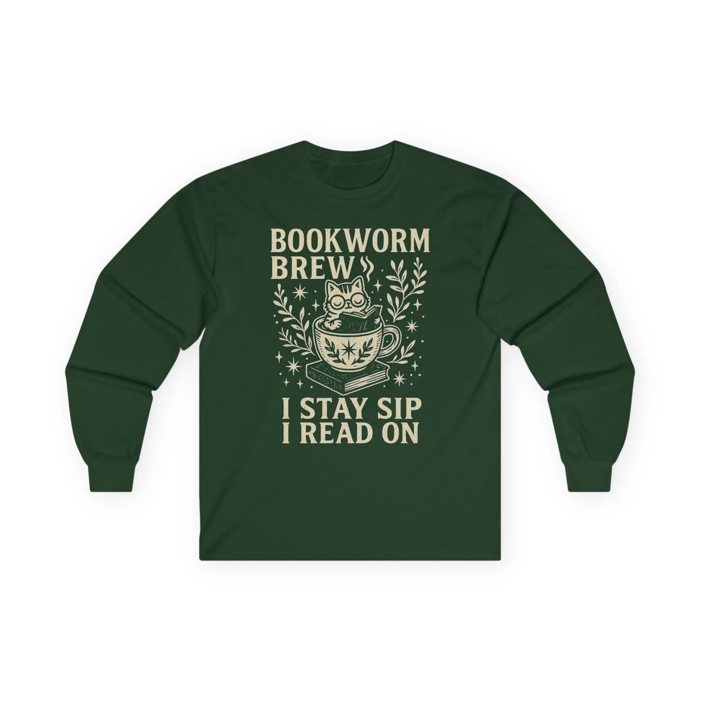 Whimsical cat in a cup on 'Bookworm Brew' shirt; reads 'I stay sip, I read on.' Perfect gift for book lovers and cat enthusiasts.