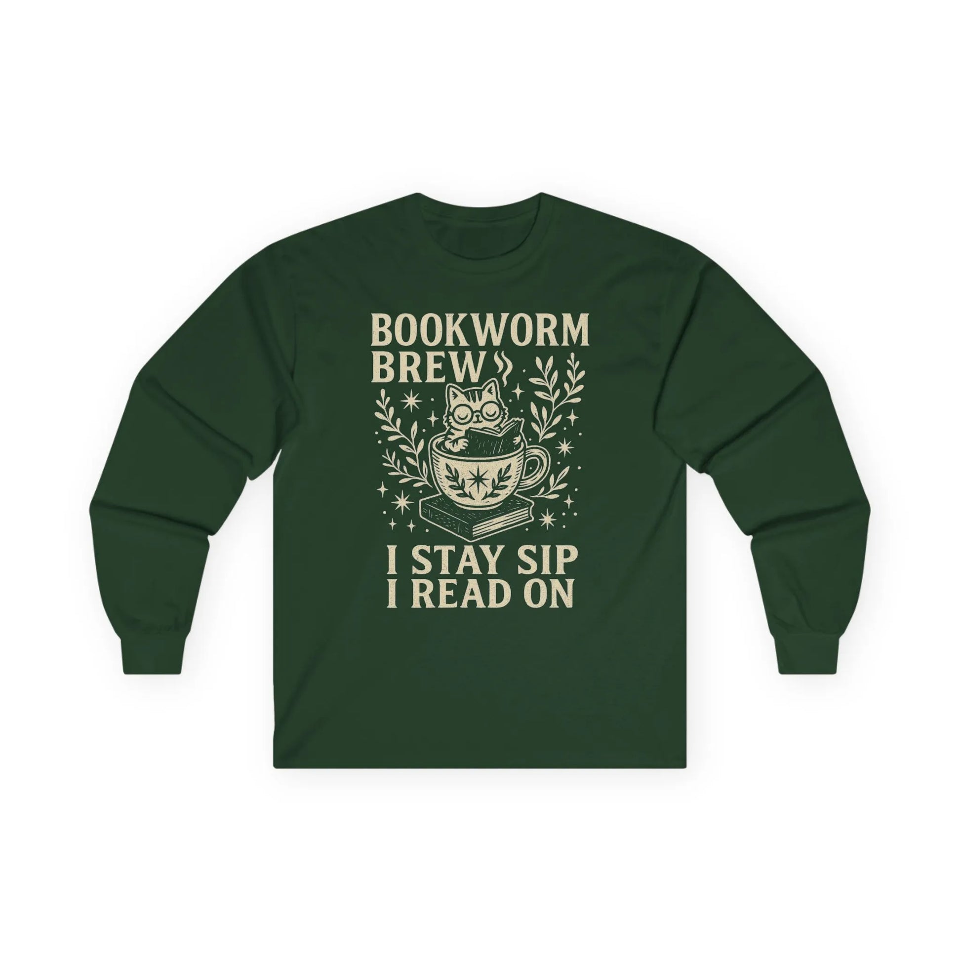 Whimsical cat in a cup on 'Bookworm Brew' shirt; reads 'I stay sip, I read on.' Perfect gift for book lovers and cat enthusiasts.